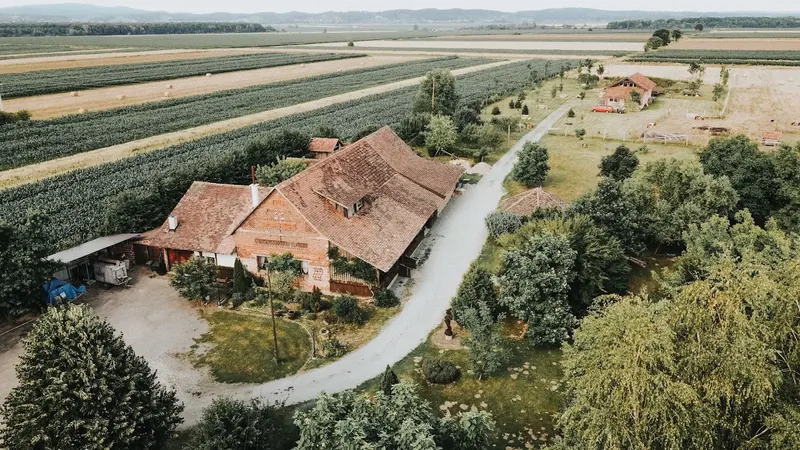 Pogled iz zraka na OPG Bistrički okružen poljima